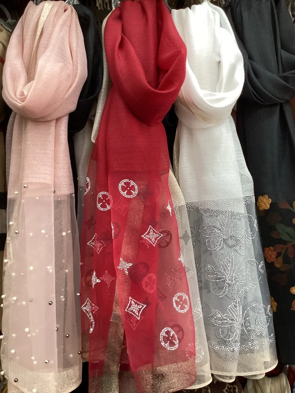 Elegant Red Sheer Scarf with Metallic Accent - Women Accessories